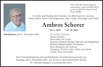 Traueranzeige von Ambros Schorer von Günzburger Zeitung