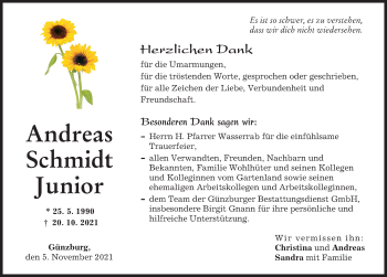 Traueranzeige von Andreas Schmidt von Günzburger Zeitung
