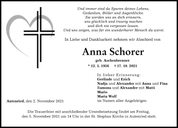 Traueranzeige von Anna Schorer von Günzburger Zeitung