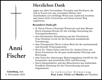 Traueranzeige von Anni Fischer von Günzburger Zeitung