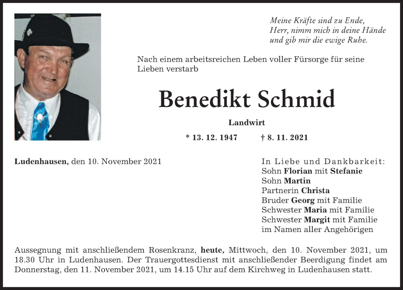  Traueranzeige für Benedikt Schmid vom 10.11.2021 aus Landsberger Tagblatt