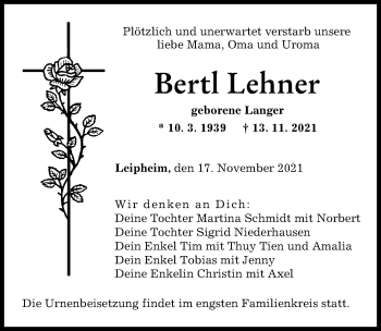 Traueranzeige von Bertl Lehner von Günzburger Zeitung