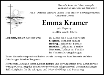 Traueranzeige von Emma Kramer von Günzburger Zeitung