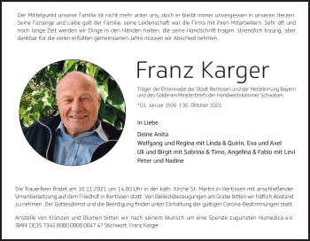 Traueranzeige von Franz Karger von Allgäuer Anzeigeblatt