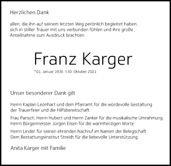 Traueranzeige von Franz Karger von Illertisser Zeitung