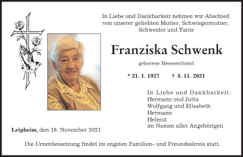 Traueranzeige von Franziska Schwenk von Günzburger Zeitung