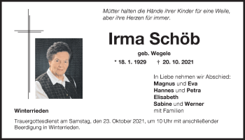 Traueranzeige von Irma Schöb von Memminger Zeitung