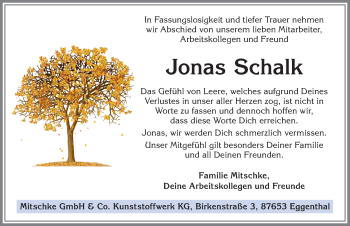 Traueranzeige von Jonas Schalk von Mindelheimer Zeitung