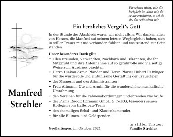 Traueranzeige von Manfred Strehler von Schwabmünchner Allgemeine
