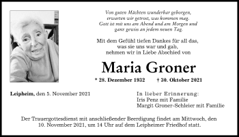Traueranzeige von Maria Groner von Günzburger Zeitung