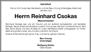 Traueranzeige von Reinhard Csokas von Memminger Zeitung