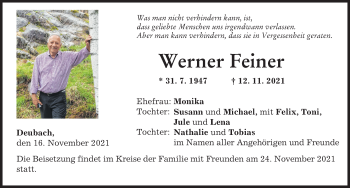 Traueranzeige von Werner Feiner von Günzburger Zeitung