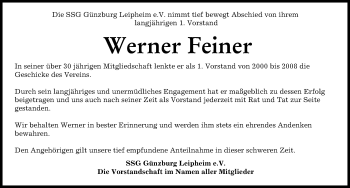 Traueranzeige von Werner Feiner von Günzburger Zeitung