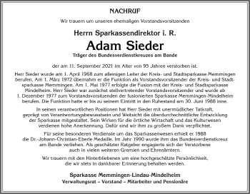 Traueranzeige von Adam Sieder von Memminger Zeitung