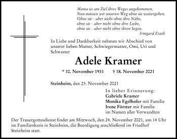 Traueranzeige von Adele Kramer von Donau Zeitung