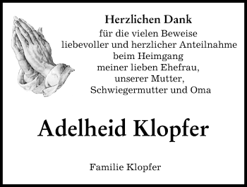 Traueranzeige von Adelheid Klopfer von Augsburger Allgemeine