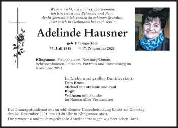 Traueranzeige von Adelinde Hausner von Neuburger Rundschau