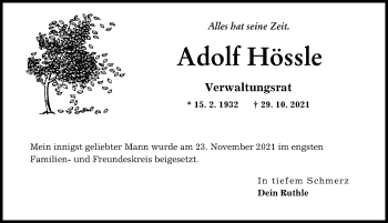 Traueranzeige von Adolf Hössle von Neu-Ulmer Zeitung