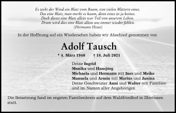 Traueranzeige von Adolf Tausch von Illertisser Zeitung