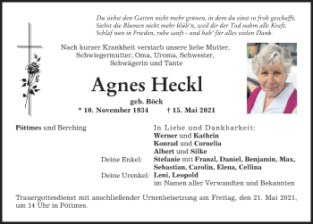 Traueranzeige von Agnes Heckl von Aichacher Nachrichten