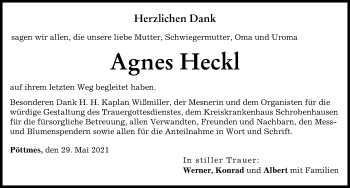 Traueranzeige von Agnes Heckl von Aichacher Nachrichten