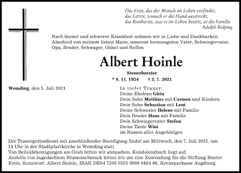 Traueranzeige von Albert Hoinle von Rieser Nachrichten, Donauwörther Zeitung