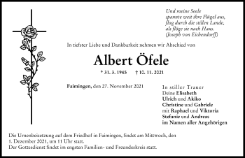 Traueranzeige von Albert Öfele von Donau Zeitung