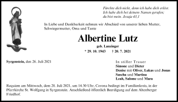 Traueranzeige von Albertine Lutz von Donau Zeitung