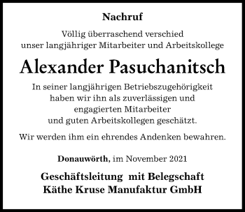 Traueranzeige von Alexander Pasuchanitsch von Donauwörther Zeitung