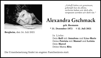 Traueranzeige von Alexandra Gschmack von Donauwörther Zeitung, Neuburger Rundschau