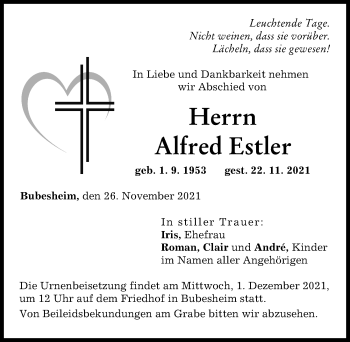 Traueranzeige von Alfred Estler von Günzburger Zeitung