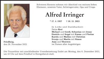 Traueranzeige von Alfred Irringer von Friedberger Allgemeine