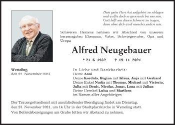 Traueranzeige von Alfred Neugebauer von Donauwörther Zeitung
