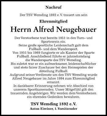 Traueranzeige von Alfred Neugebauer von Donauwörther Zeitung