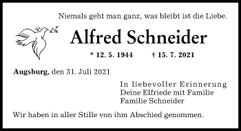 Traueranzeige von Alfred Schneider von Augsburger Allgemeine