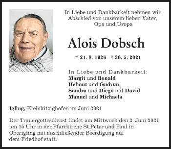 Traueranzeige von Alois Dobsch von Landsberger Tagblatt
