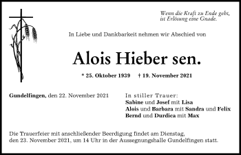 Traueranzeige von Alois Hieber von Donau Zeitung