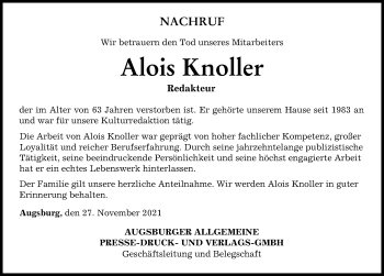 Traueranzeige von Alois Knoller von Augsburger Allgemeine