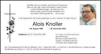 Traueranzeige von Alois Knoller von Augsburger Allgemeine