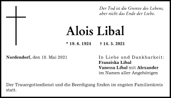 Traueranzeige von Alois Libal von Donauwörther Zeitung, Augsburg-Land