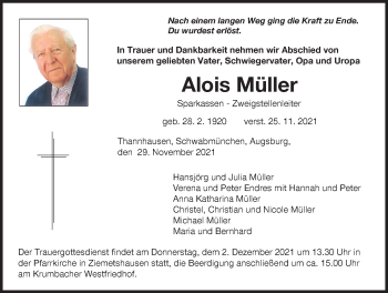 Traueranzeige von Alois Müller von Mittelschwäbische Nachrichten