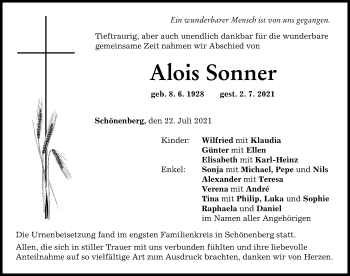 Traueranzeige von Alois Sonner von Günzburger Zeitung