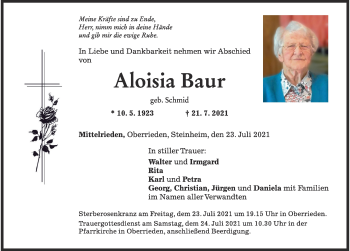 Traueranzeige von Aloisia Baur von Mindelheimer Zeitung