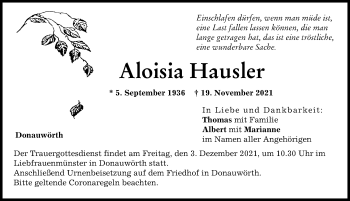 Traueranzeige von Aloisia Hausler von Donauwörther Zeitung