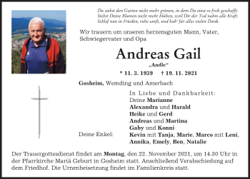 Traueranzeige von Andreas Gail von Donauwörther Zeitung