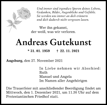 Traueranzeige von Andreas Gutekunst von Augsburger Allgemeine