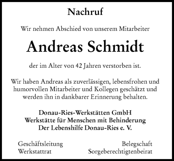 Traueranzeige von Andreas Schmidt von Rieser Nachrichten