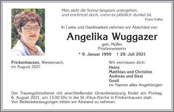Traueranzeige von Angelika Wuggazer von Memminger Zeitung
