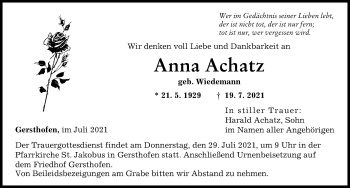 Traueranzeige von Anna Achatz von Augsburger Allgemeine