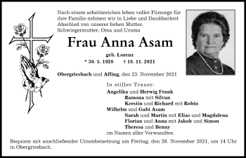Traueranzeige von Anna Asam von Aichacher Nachrichten